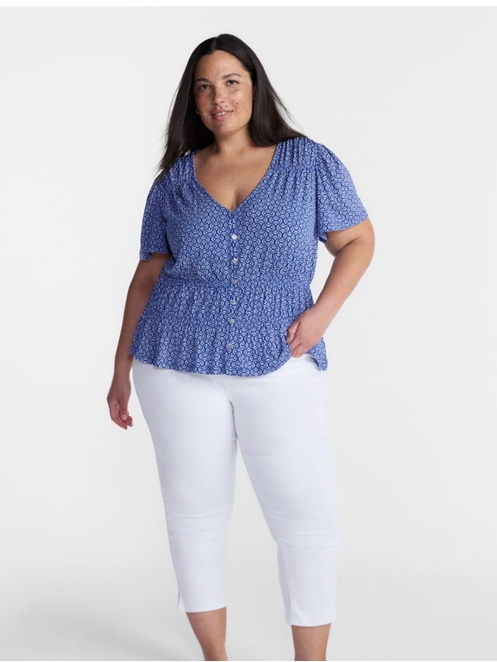 Terra & Sky Blue Printed V-Neck Peplum Button Top